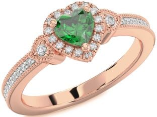 Diamond Emerald Rose Gold Heart Halo Solitaire Engagement Ring