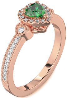Diamond Emerald Rose Gold Heart Halo Engagement Ring
