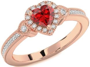 Diamond Ruby Rose Gold Heart Halo Solitaire Engagement Ring