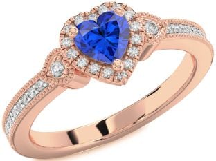 Diamond Blue Sapphire Rose Gold Heart Halo Solitaire Engagement Ring