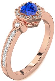 Diamond Blue Sapphire Rose Gold Silver Heart Halo Engagement Ring