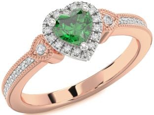 Diamond Emerald Platinum & Rose Gold Heart Halo Solitaire Engagement Ring