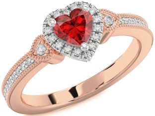 Diamond Ruby White Rose Gold Heart Halo Solitaire Engagement Ring