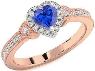 Diamond Blue Sapphire Platinum & Rose Gold Heart Halo Solitaire Engagement Ring