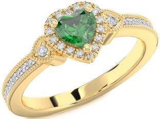 Diamond Emerald Gold Heart Halo Solitaire Engagement Ring