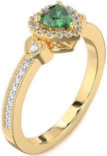 Diamond Emerald Gold Heart Halo Engagement Ring