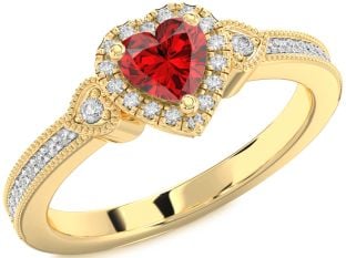 Diamond Ruby Gold Heart Halo Solitaire Engagement Ring