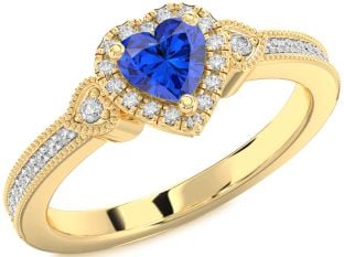 Diamond Blue Sapphire Gold Heart Halo Solitaire Engagement Ring