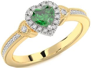 Diamond Emerald White Yellow Gold Heart Halo Solitaire Engagement Ring