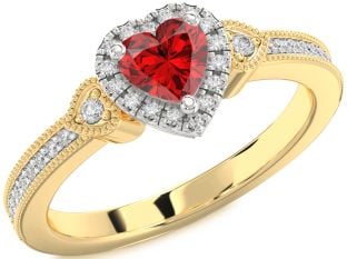 Diamond Ruby White Yellow Gold Heart Halo Solitaire Engagement Ring