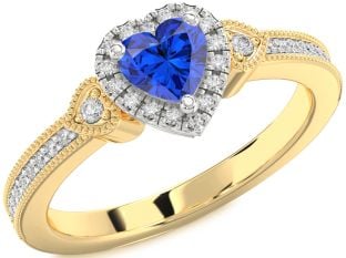 Diamond Blue Sapphire Platinum & Yellow Gold Heart Halo Solitaire Engagement Ring