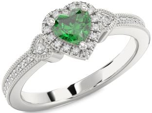Diamond Emerald Silver Heart Halo Solitaire Engagement Ring