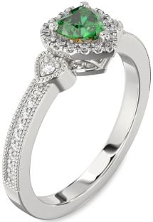 Diamond Emerald White Gold Heart Halo Engagement Ring