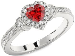 Diamond Ruby Platinum Heart Halo Solitaire Engagement Ring