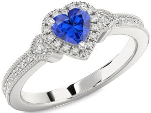 Diamond Blue Sapphire White Gold Heart Halo Solitaire Engagement Ring