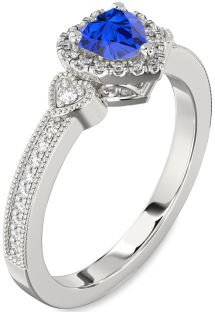 Diamond Blue Sapphire Platinum Heart Halo Engagement Ring