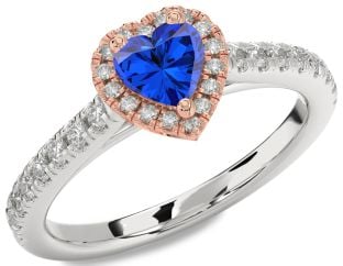 Diamond Blue Sapphire Rose Gold Silver Heart Halo Pave Engagement Ring