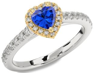 Diamond Blue Sapphire Gold Silver Heart Halo Pave Engagement Ring