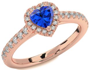 Diamond Blue Sapphire Rose Gold Heart Halo Pave Engagement Ring