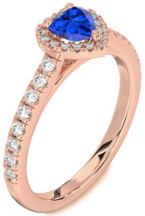 Diamond Blue Sapphire Rose Gold Silver Heart Halo Pave Engagement Ring