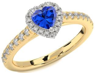 Diamond Blue Sapphire Gold Silver Heart Halo Pave Engagement Ring