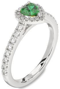 Diamond Emerald White Gold Heart Halo Pave Engagement Ring