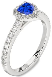 Diamond Blue Sapphire Platinum Heart Halo Pave Engagement Ring