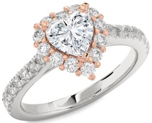 Diamond Silver & 10K Rose Gold Heart Halo Solitaire Pave Engagement Ring
