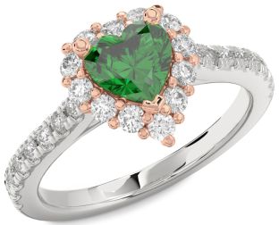 Diamond Emerald White Rose Gold Heart Halo Solitaire Pave Engagement Ring