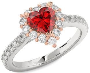 Diamond Ruby White Rose Gold Heart Halo Solitaire Pave Engagement Ring