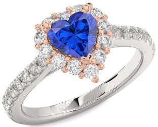 Diamond Blue Sapphire Rose Gold Silver Heart Halo Pave Engagement Ring