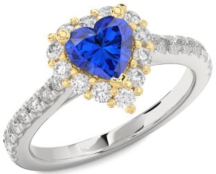 Diamond Blue Sapphire Gold Silver Heart Halo Pave Engagement Ring