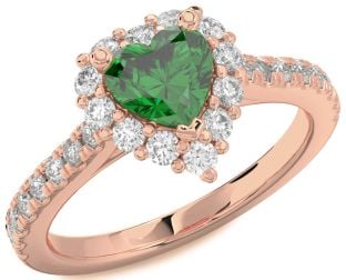 Diamond Emerald Rose Gold Heart Halo Solitaire Pave Engagement Ring