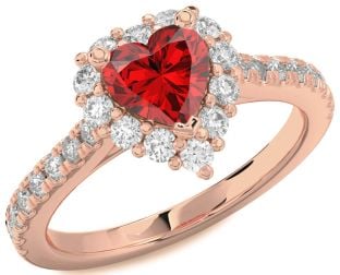 Diamond Ruby Rose Gold Heart Halo Solitaire Pave Engagement Ring