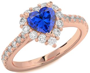 Diamond Blue Sapphire Rose Gold Heart Halo Pave Engagement Ring