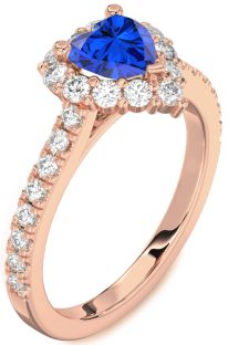 Diamond Blue Sapphire Rose Gold Silver Heart Halo Pave Engagement Ring