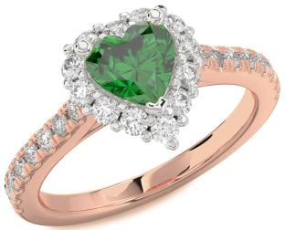 Diamond Emerald White Rose Gold Heart Halo Solitaire Pave Engagement Ring