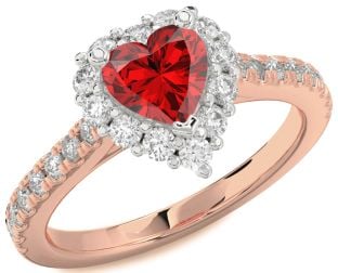 Diamond Ruby White Rose Gold Heart Halo Solitaire Pave Engagement Ring