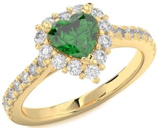Diamond Emerald Gold Heart Halo Solitaire Pave Engagement Ring