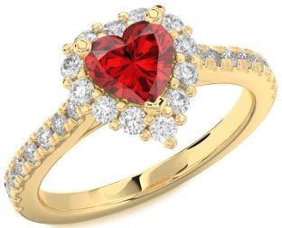 Diamond Ruby Gold Heart Halo Solitaire Pave Engagement Ring