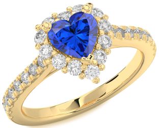 Diamond Blue Sapphire Gold Heart Halo Solitaire Pave Engagement Ring