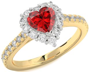 Diamond Ruby White Yellow Gold Heart Halo Solitaire Pave Engagement Ring