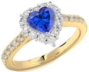 Diamond Blue Sapphire Gold Silver Heart Halo Pave Engagement Ring