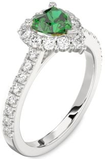 Diamond Emerald White Gold Heart Halo Pave Engagement Ring