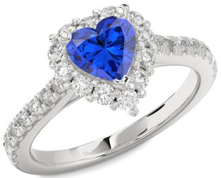 Diamond Blue Sapphire White Gold Heart Halo Solitaire Pave Engagement Ring