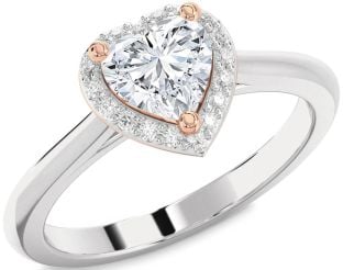 Diamond Silver & 10K Rose Gold Heart Halo Solitaire Engagement Ring