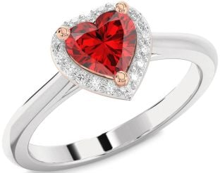 Diamond Ruby White Rose Gold Heart Halo Solitaire Engagement Ring
