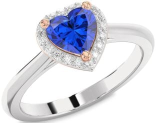 Diamond Blue Sapphire Rose Gold Silver Heart Halo Engagement Ring