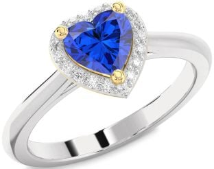 Diamond Blue Sapphire Gold Silver Heart Halo Engagement Ring