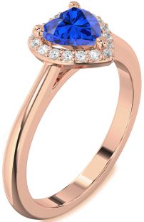 Diamond Blue Sapphire Rose Gold Silver Heart Halo Engagement Ring